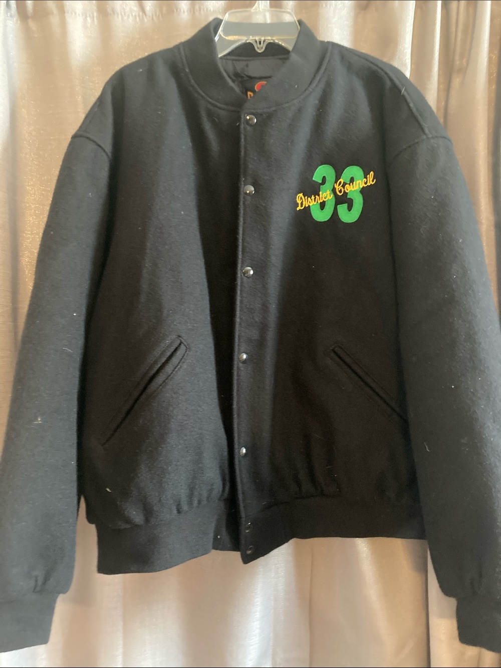 Black Bomber Jacket with Green & Yellow '33' Embroidery